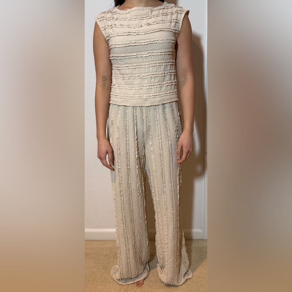 Women's Cream Textured Pants & Top Set